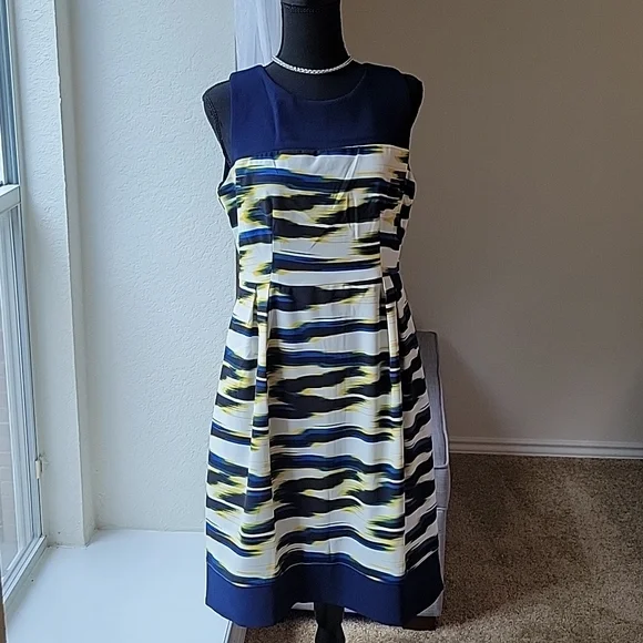 Luxe by Carmen Marc Valvo | Dresses | Luxe By Carmen Marc Valvo Fit And Flare  Dress With Navy Blue And Yellow By Luxe | Poshmark